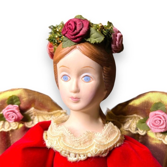 VTG Kurt Adler Angel Tree Topper Large Ornament 1990 Victorian Lace Red Ivory - Picture 3 of 14